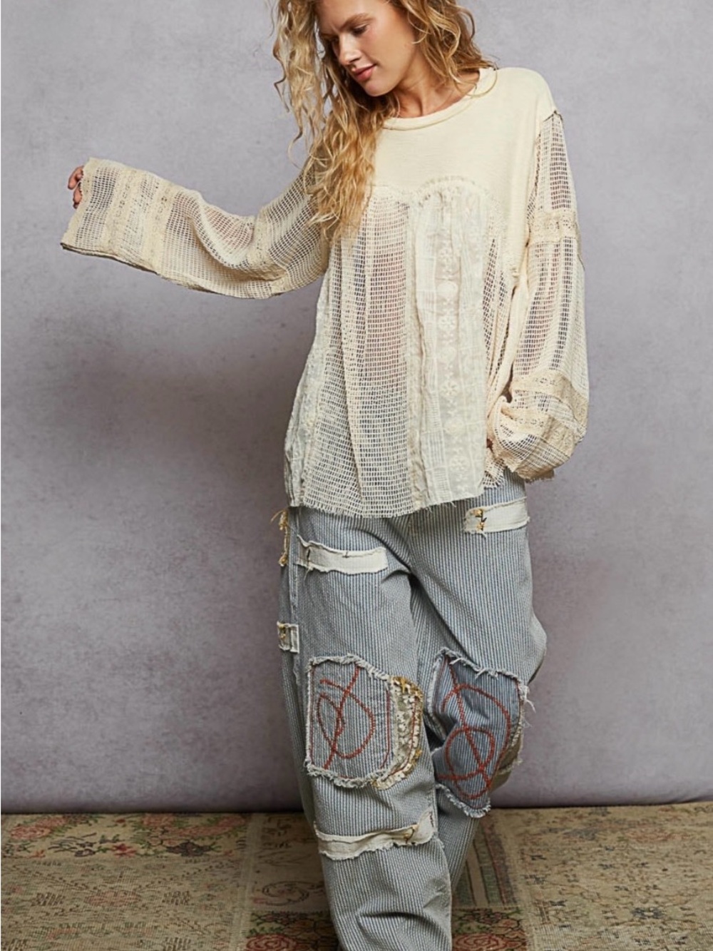 POL Lace Me Later Mesh Bell Sleeve Blouse Cream - Picture 2 of 4